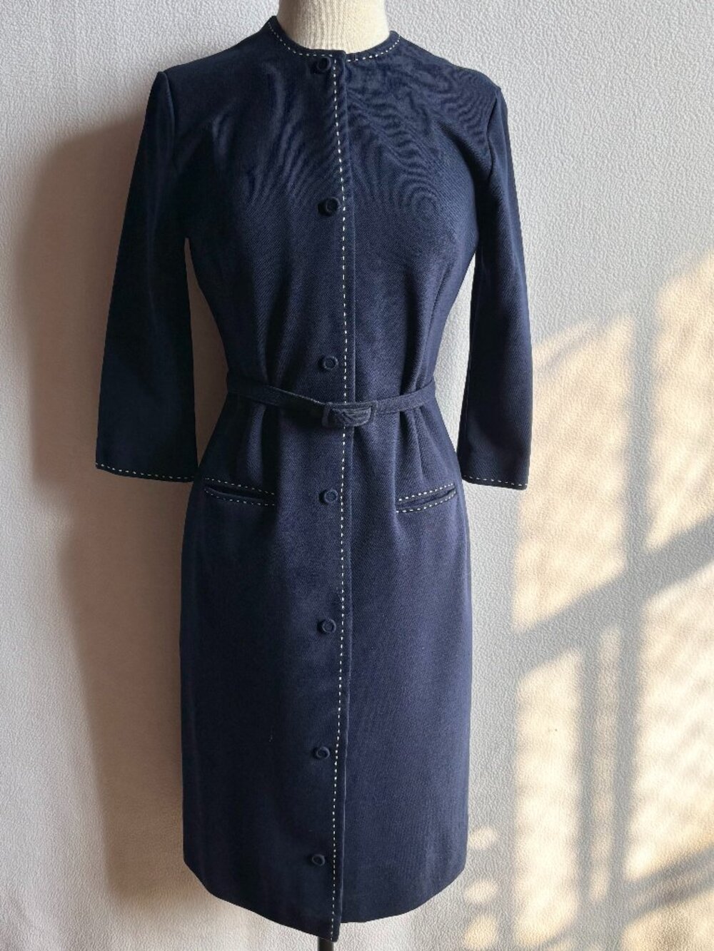 1960s 1970s Blue Wool Butte Knit Sheath Dress with Pockets
